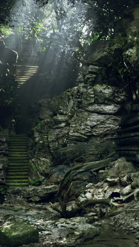 Light shines through trees in a hidden forest with old stone stairs Stock Footage 342124082