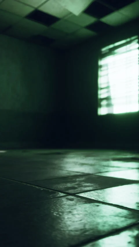Light shines through the window in a dark room with wet floor tiles Stock Footage 337963801