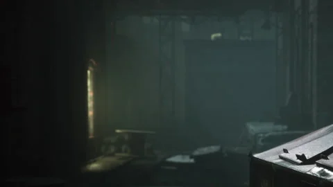 Light shines through a window in a dark room with empty tables Stock Footage 340615058