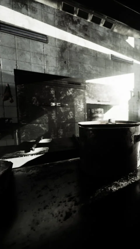 Light shines through a window in an empty room with a metal container Stock Footage 337943836