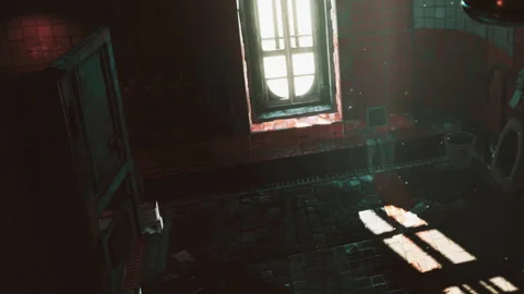 Light shines through a window in an old room with dirty floor and toilet Stock Footage 345006583
