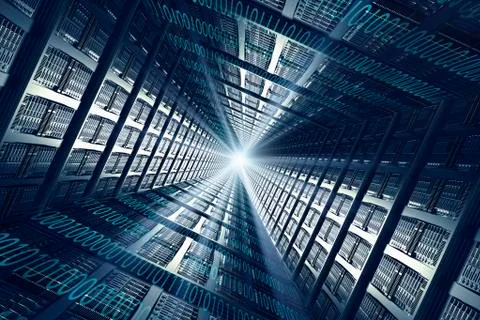 Light shining from binary code and computer servers Stock Photos