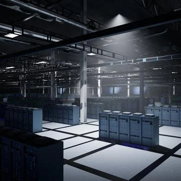 Light shining over blade server racks in dark server room Stock Illustration