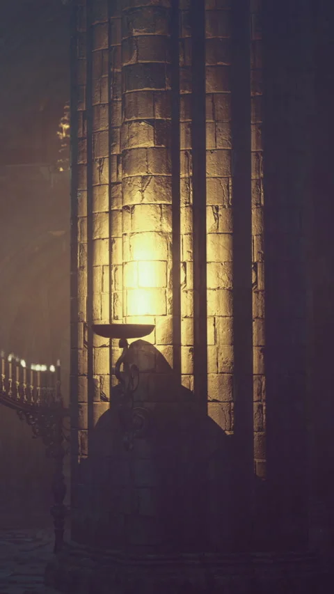 Light shining on stone column at night in historic building Stock Footage 332220564