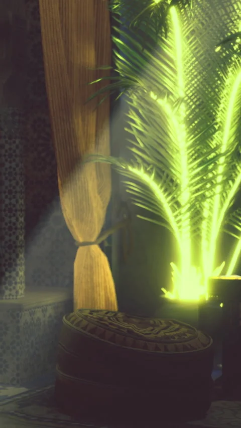 Light shining through a curtain in a room with a palm plant and wooden items Stock Footage 334175914