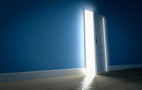 Light shining through open door in dark room with blue walls and wooden floor Stock Illustration