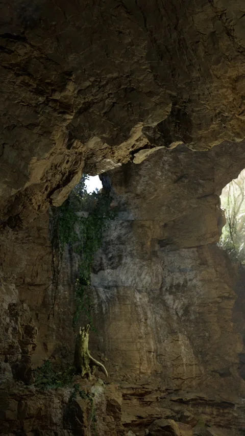 Light shining through opening in cave with vines and rocks in background Stock Footage 331753600