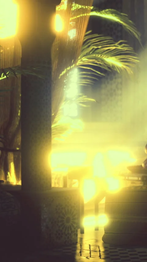 Light shining through palm leaves in a bright indoor space Stock Footage 334175382