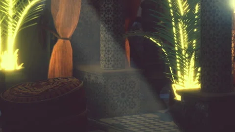 Light shining through plants in a decorative room with patterned tiles Stock Footage 344142903