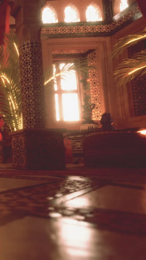 Light shining through a window near a patterned column with a plant Stock Footage 339509898
