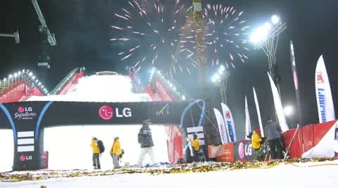 Light is shone after 18th stage of World Cup on snowboard Video stock 11278966