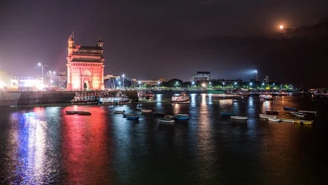 Light show on the Gateway of India time lapse at night Stock Footage 118856067