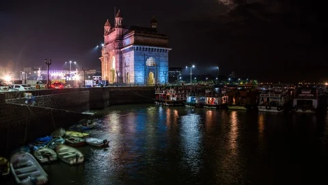 Light show on the Gateway of India time lapse at night Stock Footage 118856143