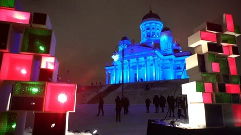 Light Show at the Senate Square in Helsinki. Festival of Light Lux Helsinki. Stock Footage 72627755