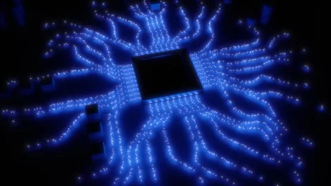 Light signals. Processor in the dark with blue data streams. Stock Footage 304108944