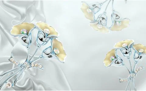 Light silk background, blue metallic abstract flowers with crystals Stock Illustration