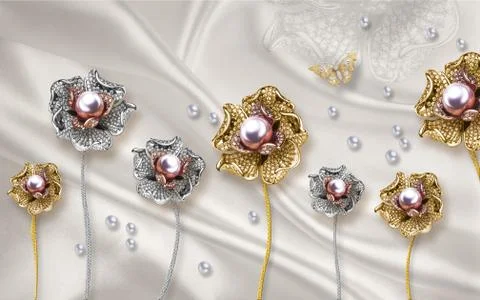 Light silk background, large abstract gold and silver flowers with pearls Stock Illustration