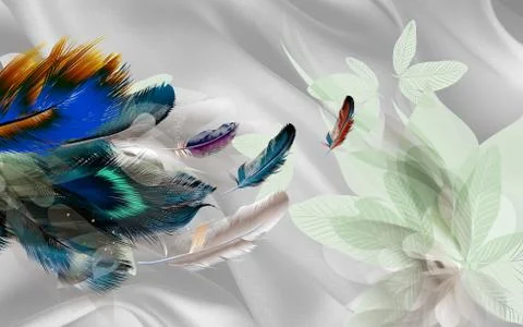 Light silk background, large abstract flower and bright exotic feathers Stock Illustration