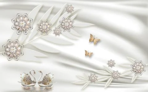 Light silk background, round silver jewelry flowers and a pair of crystal swans Stock Illustration