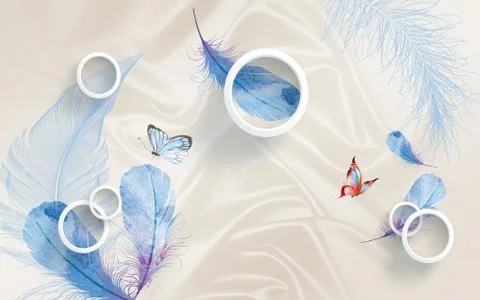 Light silk background, white rings, large blue feathers, two butterflies Stock Illustration