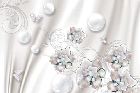 Light silk background, white shiny balls, light abstract flowers with pearls Stock Illustration