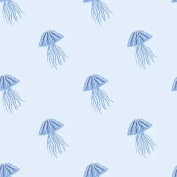 Light simple seamless pattern with blue jelyfish ornament. Pastel background. Stock Illustration