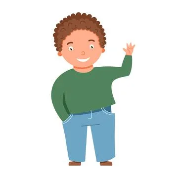 A light-skinned, blond, curly-haired boy waves. Vector illustration Stock Illustration