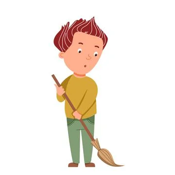 A light-skinned boy sweeps with a broom. Assistance in cleaning, conducting a Stock Illustration
