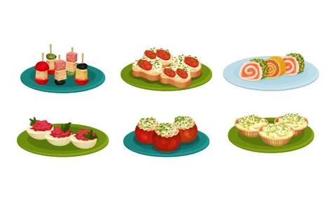 Light Snacks and Bites Served on Plates Side View Vector Illustrations Set Stock Illustration