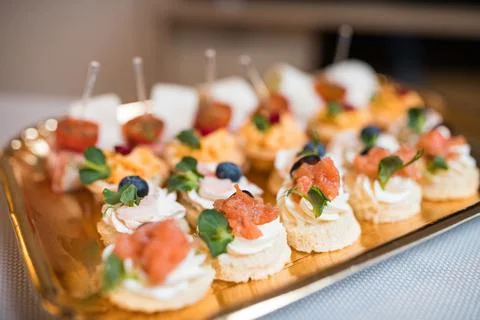 Light snacks in a plate on a buffet table. Assorted mini canapes, delicacies Stock Photos
