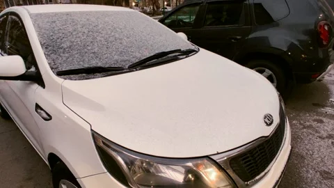 Light snow on the car and grass, yellow trees around Stock Footage 220926655