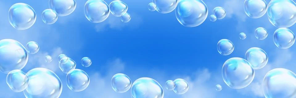 Light soap bubbles flying in blue sky Stock Illustration