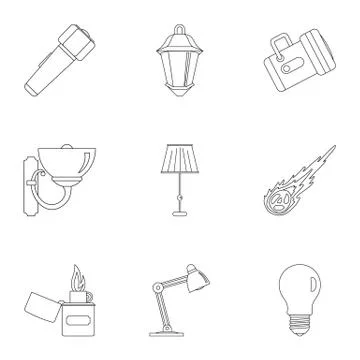Light source icon set, outline style Stock Illustration