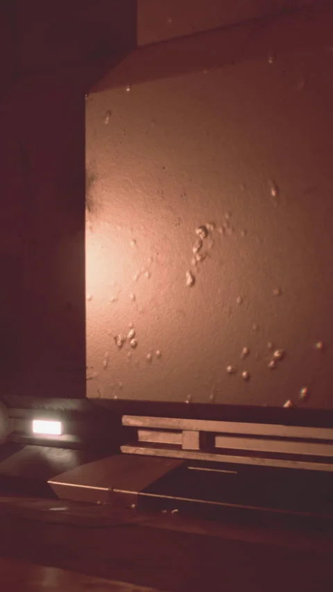 Light source illuminates wall texture in indoor setting during evening hours Stock Footage 337923880