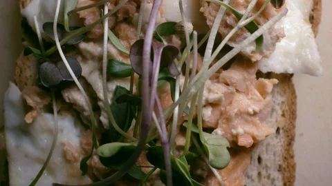Light source moves around sandwitch with egg salmon and sprouts. closeup Stock-Footage 92146564