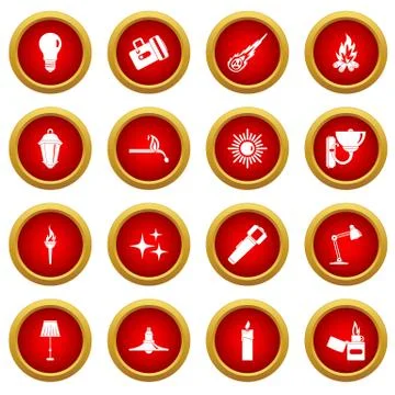 Light source symbols icon red circle set Stock Illustration