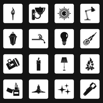 Light source symbols icons set squares vector Stock Illustration