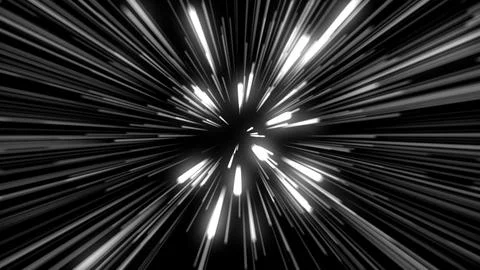 Light speed warp effect with glowing streaks, black background. Stock Illustration