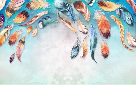 Light spotted background, bright multi-colored exotic feathers Stock Illustration