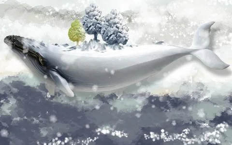 Light spotted background, a large white whale with three trees on its back Stock Illustration