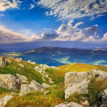 Light on stone mountain slope with forest Foto stock