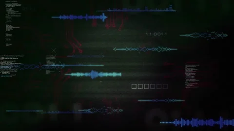 Light streaks booting interface, waveforms multiplying, code flickering, red X Stock Footage 310150827