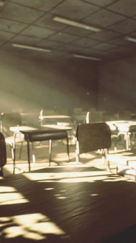 Light streaming through an empty classroom creates an enchanting atmosphere Stock Footage 320303395