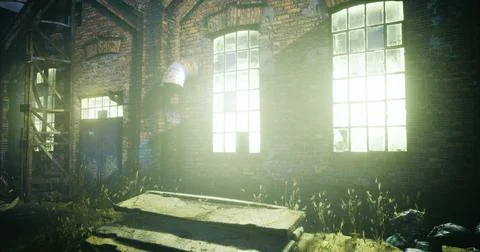 Light streaming through tall factory windows creates a mysterious atmosphere Stock Illustration