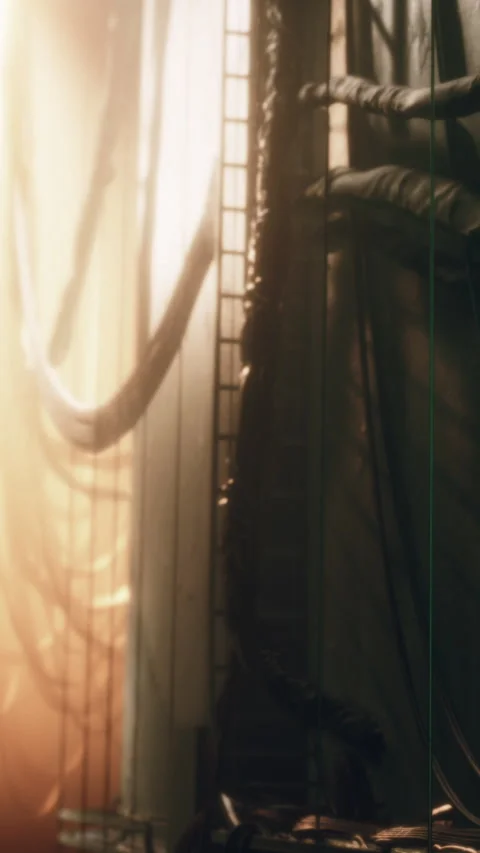 Light streaming through wires in a narrow corridor of an old building Stock Footage 337971110