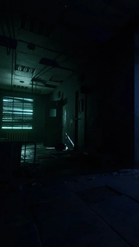 Light streams into a dark room with open doors and scattered debris Stock Footage 334172718