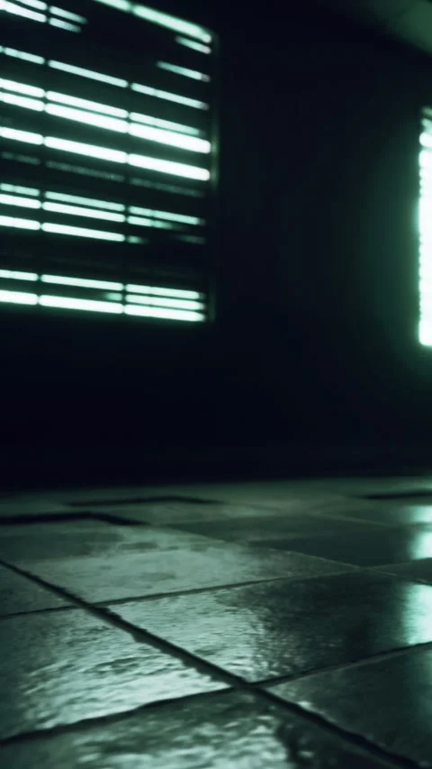 Light streams through shutters, casting patterns on tiled floor in eerie space Stock Footage 331367615
