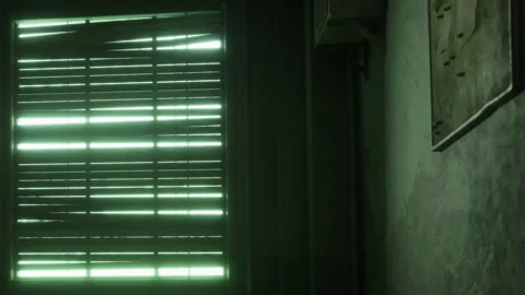 Light streams through slats on a wall in a dim room during the day Stock Footage 343548390