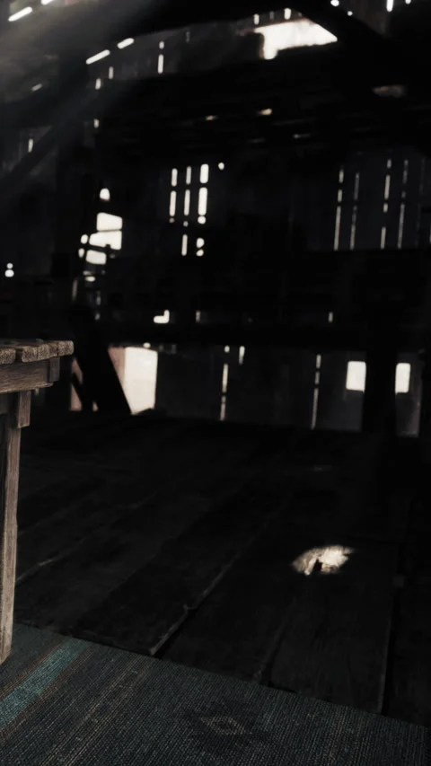 Light streams through a wooden structure showing shadows on the floor Stock Footage 336430689