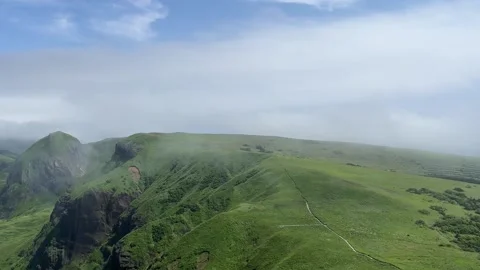 Light summer mist drifting over grassy coastal cliffs Stock Footage 217895446